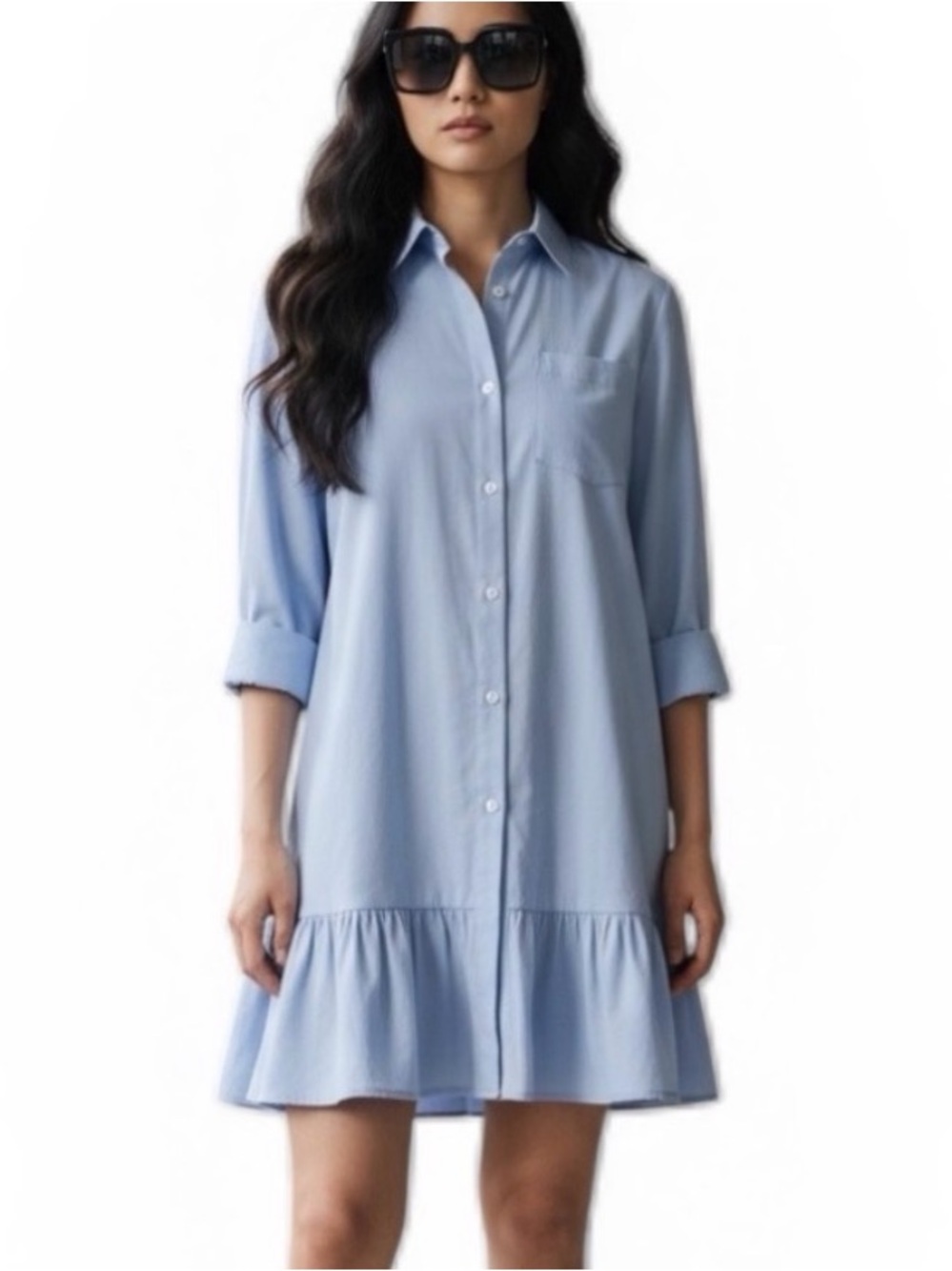 Chambray Lite Blue Shirt Dress Flounce Hemline Size Medium